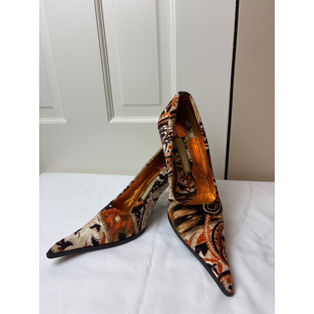 Vintage Y2K www.why.it Velvet Paisley Pointed Toe Pumps Leopard Heel Italy 36